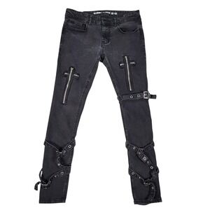 Hot Topic HT Stinger Jeans Mens 32x32 (Fits 30x28) Black Skinny Buckles Zippers